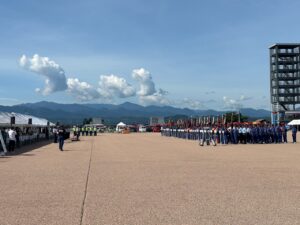 県消防団操法大会の開会式。暑さとの戦いも勝負を分けたような気がします。